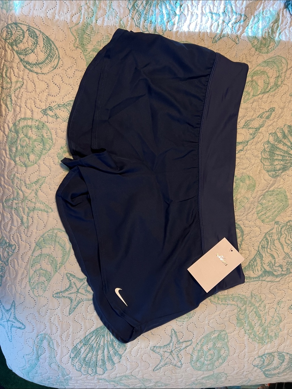 Nike Women’s Navy Blue Swim Shorts with White Swoosh - Large